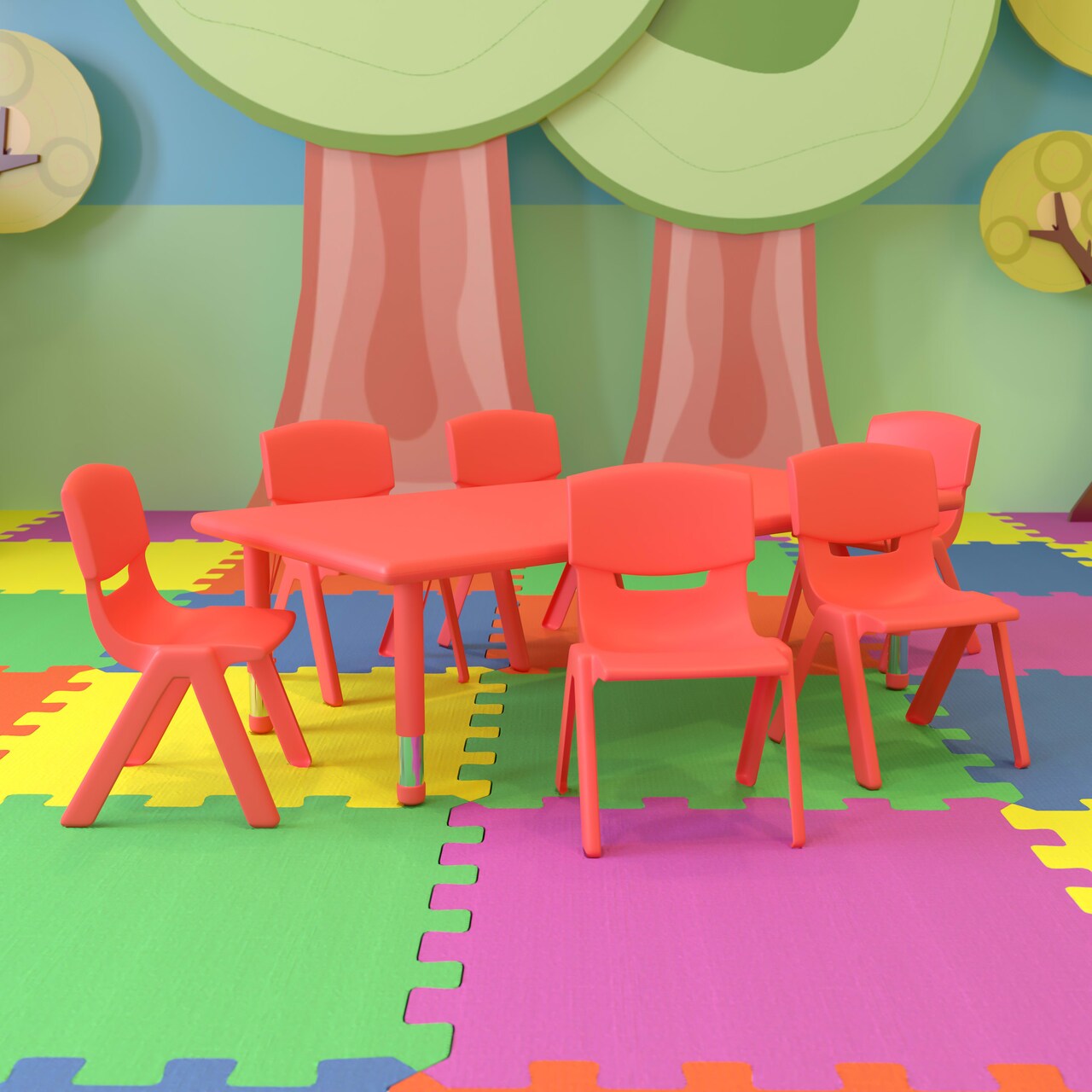 Emma and Oliver 24"W x 48"L Rectangular Plastic Height Adjustable Activity Table Set with 6 Chairs